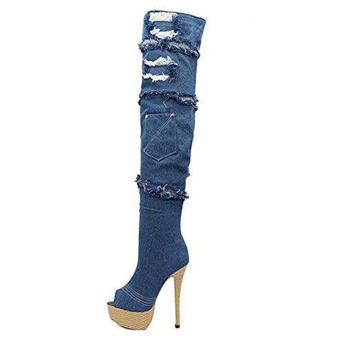 MKXF Plataforma impermeable botas de tacón alto de las mujeres sobre botas hasta la rodilla,Azul,39