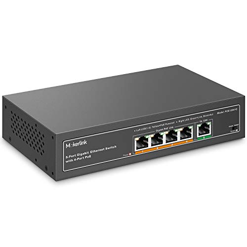 mokerlink 5 Port Gigabit PoE Switch, 4 Ports PoE+ 1000Mbps, 78W IEEE802.3af/at, Plug and Play, Metal Resistente, Sin Ventilador