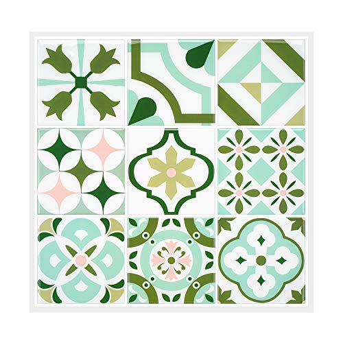 MORCART Adhesivo decorativo para azulejos de pared, diseño barroco, color verde, 12 unidades, 30,5 x 30,5 cm