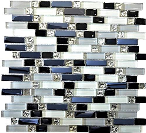 MOS87-IL007_f - Azulejos de mosaico de cristal (10 unidades), color blanco, gris y negro