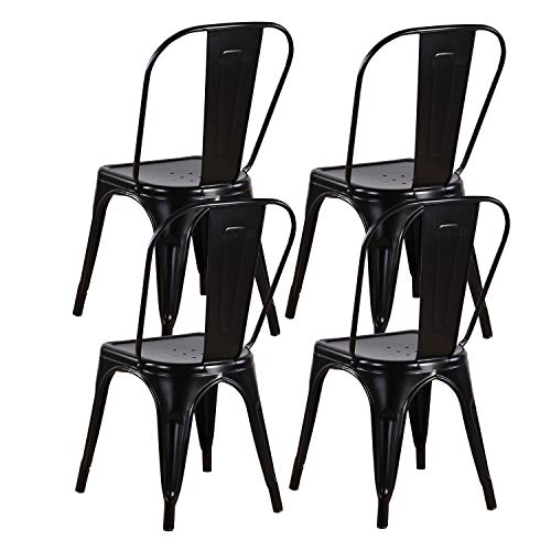 MUEBLES HOME - Juego de 4 sillas de comedor de metal, silla de cocina industrial apilable vintage con respaldo alto para interiores y exteriores, para patio, cafetería y bistro, color negro