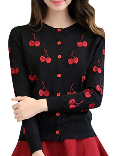 Mujer Abrigos Elegante Hipster Ropa Camisas Otoño Invierno Cereza Bordados Botón Cuello Redondo Manga Larga Jerseys Lana Señora Casual Tejer Arriba Top (Color : Negro, Size : L)