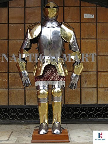 NauticalMart - Traje de caballero medieval español grabado dorado de armadura