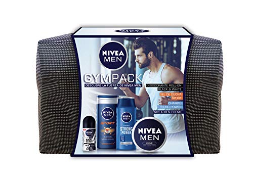 NIVEA MEN Neceser Gimnasio Gympack, neceser con gel de ducha (1 x 250 ml), champú reparador (1 x 250 ml), desodorante roll on (1 x 50 ml) y crema NIVEA MEN (1 x 75 ml)