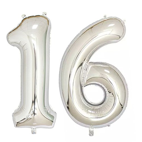 Ouinne Globo 16 Años, 40 Pulgadas Globo del Cumpleaños Número 16 Helio Globos para La Decoración Boda Aniversario (Plata)