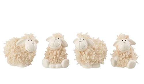 Oveja - Juego de 4 figuras decorativas de porcelana y lana blanca, 10 cm