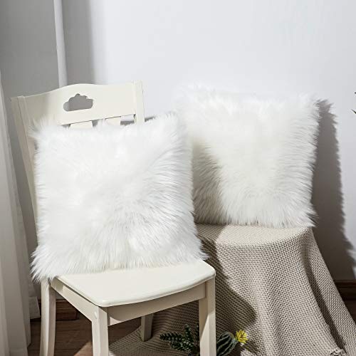 OYIMUA 2 fundas de cojín decorativas, de piel de cordero sintética, de pelo largo, para sofá, color blanco, 40 x 40 cm