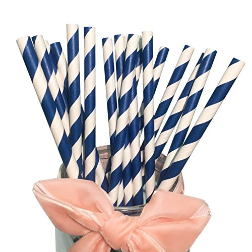 Pajitas de papel Bofa, con rayas de colores (19,7 cm), color azul marino (100 unidades) para fiestas, cumpleaños, bodas, bricolaje, decoraciones, ecológicas