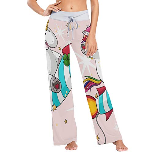 Pantalones de Pijama para Mujer, Pantalones de Yoga, Leggings Inferiores, Pantalones de salón de Cintura Alta, Cohete de Unicornio Feliz Encantador