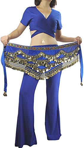 Pañuelo de Danza del Vientre Mujer Baile Oriental Bufanda Falda Cinturón de Cadera con 271 Monedas Lentejuelas (ZP142-azul, Talla única)