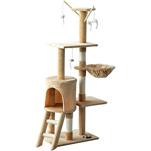 PawHut Árbol para Gatos Rascador Grande con Nidos Plataformas Casetas Ratón de Juego 131cm Cubierto de Felpa Beige