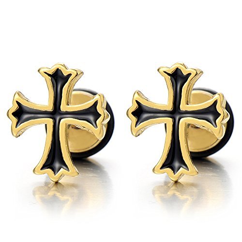 Pendientes de Cruz Oro, Pendientes de Hombres de Mujer, Acero Inoxidable, con Esmalte Negro, 2 Piezas Pendientes de Cruz Oro, Pendientes de Hombres de Mujer, Acero Inoxidable, con Esmalte Negro, 2 Piezas