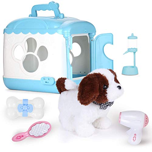 Perro de juguete electrónico de peluche,Carrier activado por voz DogHouse Care Pet Play Set. Cachorros de juguete para caminar, ladrar, mascotas y accesorios, para 3-6 niños/niñas (Barry-Azul)