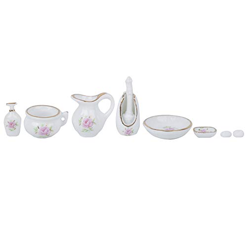 Porcelana de baño rosa, 8 piezas 1:12 casa de muñecas muebles de baño en miniatura Juego de porcelana de baño rosa Mini accesorios de adorno de casa(Rose)