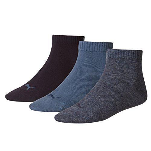 PUMA - Juego de 3 pares de calcetines deportivos de media caña, unisex, lisos y jaspeados, para adultos y niños, color azul vaquero