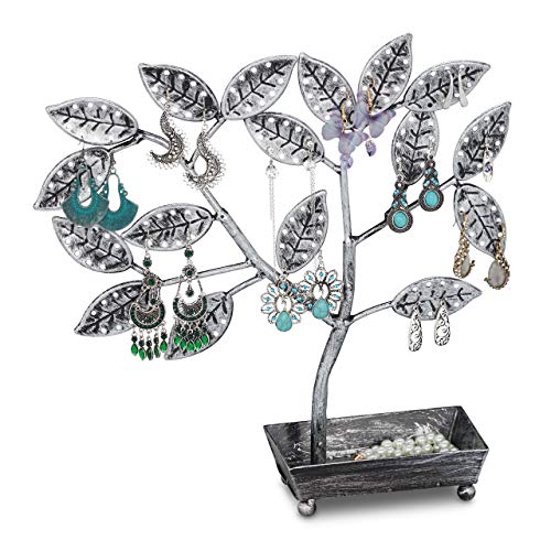 Relaxdays 10033023 - Árbol para joyas con bandeja (68 pares, hierro, 31 x 31 x 8,5 cm), color negro y plateado Relaxdays 10033023 - Árbol para joyas con bandeja (68 pares, hierro, 31 x 31 x 8,5 cm), color negro y plateado