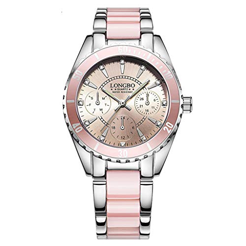 Reloj de Cuarzo de Aleación con Pulsera Cerámica Relojes de Correas Acero Inoxidable con Diamantes de Inmitación Finos con Tres Pantallas de Reloj Impermeable para Mujer Proumy (Rosa)