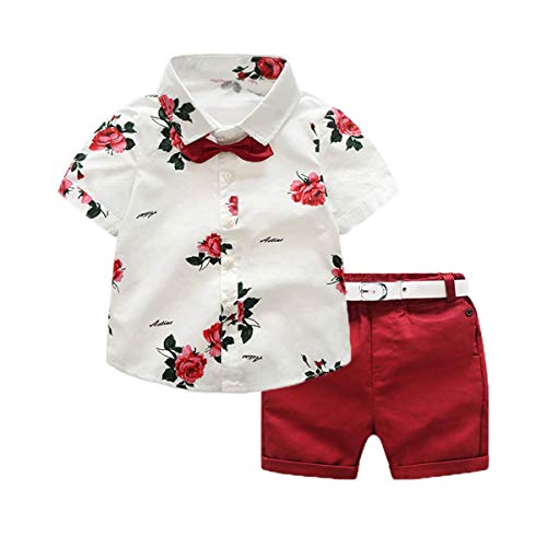 Ropa de Niño Verano Conjunto 4 Piezas 1 Camisa con Rosa + 1 Pantalón Corto Rojo + 1 Pajarita Mona + 1 Cinturón Blanco para Chico de 1-7 Años Boda,Verano,Vacaciones (Blanco, 6-7 Años)