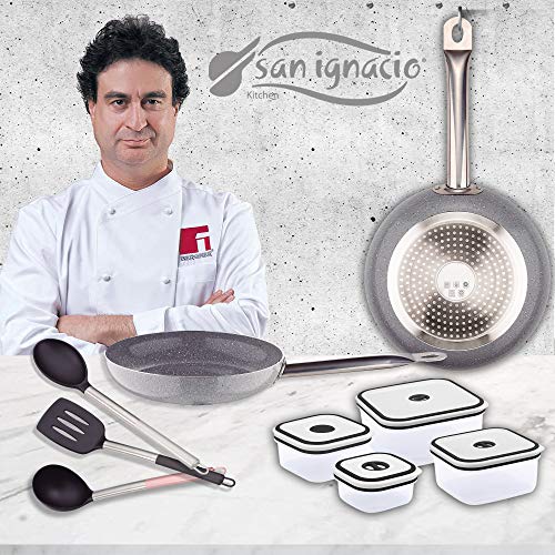 San Ignacio PK1406 Foodies Set 2 sartenes 24x5 y 28x5,5 cm + 4 fiambreras + 3 Utensilios, Aluminio prensado, Multicolor