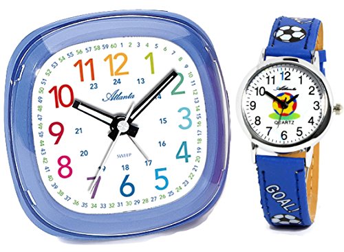 Set: Enfants Réveil + Montre bracelet pour garçon Bleu Analogique sans tic-tac Horloge Réveil d'apprentissage avec fonction snooze Lumière - Atlanta 1736-5 KAU