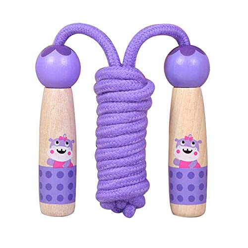 Sinwind Cuerda de saltar para niños, con mango de madera de dibujos animados, ajustable, para niños y niñas, entrenamiento deportivo (púrpura – Hippo)