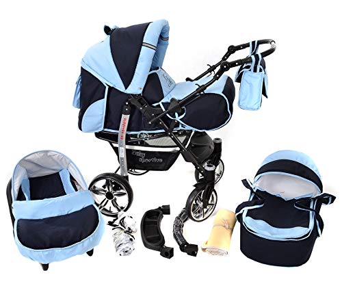 Sportive X2, 3-in-1 Travel System incl. Baby Pram with Swivel Wheels, Car Seat, Pushchair & Accessories (3-in-1 Travel System, Navy-Blue & Blue)