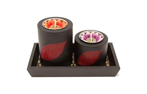 Thai Tantee® Juego de portavelas hecho a mano con diseño de hoja tailandesa, color rojo, juego de decoración de mesa con soporte para 2 velas de té, decoración asiática de materiales sostenibles