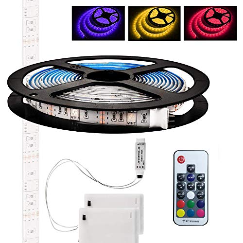 Tira de luces LED,luz de fondo de TV flexible de 5M / 16.4ft, luces de cuerda RGB LED a batería a prueba de agua con control remoto y caja de 2 baterías