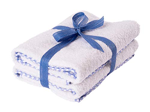 Toallas bebé hospital puro algodón ultra suaves – Toalla de baño para niños extra absorbente y suave, peso de rizo GSM 500 (65 x 85 cm, 2 unidades), color blanco con borde azul de lunares.