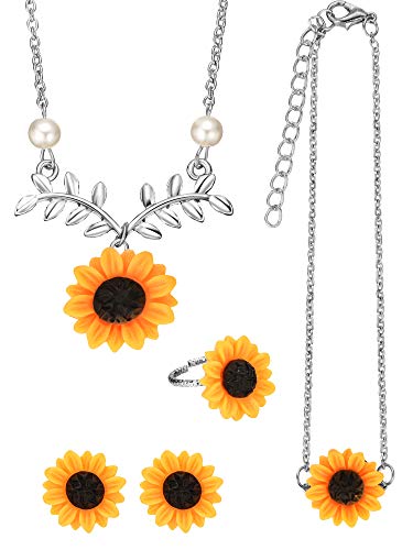 Totalmente Collar en Forma de Girasol Collar con Colgante de Pétalo con Perla Falsa, Pulsera Pendientes Anillo de Girasol para Accesorios de Joyería de Mujeres (Conjunto de Estilo 2, Plateado)