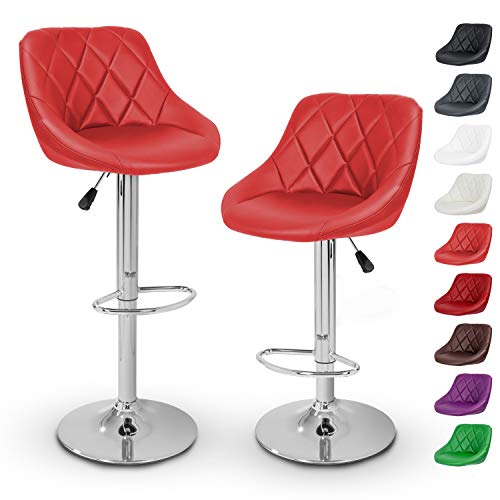 TRESKO® 2 x Taburetes de Bar, Disponible en 11, tapizado Confortable, Acabado de Cromo, Giratorio en 360°, Regulable en Altura de 60,0-80,0 cm, con reposapiés (Rojo)