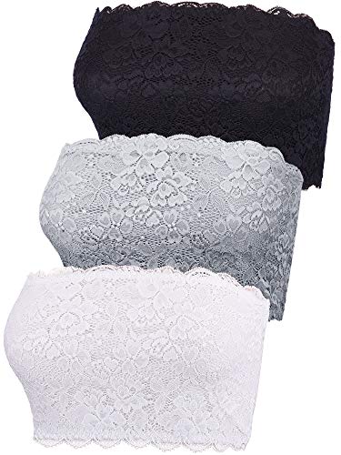 Tubo de Encaje Floral para Mujeres de 3 Piezas Sujetador Superior Sujetador Sin Tirantes Bandeau Abrigo Elástico Sin Costuras en El Pecho (Conjunto de Colores 3, Medio)