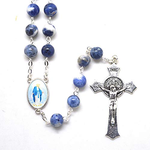 TUDUDU Azul Nuestra Señora De La Gracia Rosario Collar 8 Mm Round Stone Bead St Benedict Cross Length 58 Cm