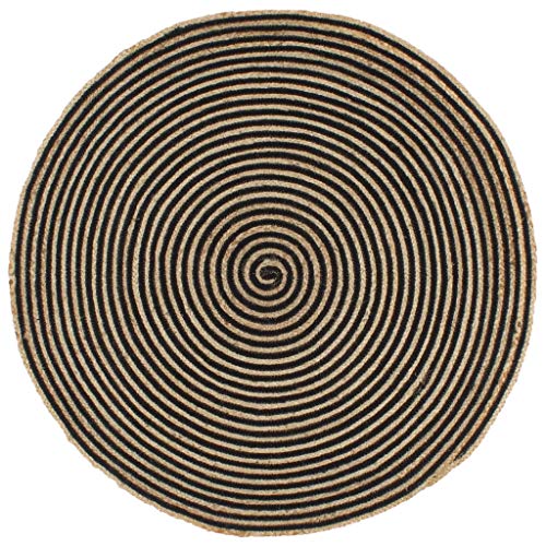 UnfadeMemory Alfombra de Yute Redonda con Estampado Espirales,Alfombra para Salón Habitación Dormitorio Oficina,Suave al Tacto,Tejida a Mano (Diámetro 120cm, Natural y Negro)