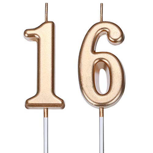 Velas de Cumpleaños de 16 Años Velas de Número de Pastel Velas de Torta de Feliz Cumpleaños Decoración de Tarta para Celebración de Aniversario Cumpleaños Boda (Dorado Champagne)