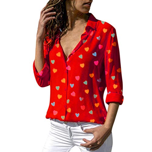 VEMOW Blusa para Mujer OtoñO Primavera Nueva Colorido Corazón Amor Estampado con Cuello en V Manga Larga Casual Button Camisetas Tops(Rojo,S)