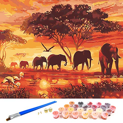 Vicloon Pintar por Numeros, Pintura por Números con Pinceles y Pinturas para Adultos Niños,DIY Pint por Número de Kits, Atardecer y Elefante, Pintura al óleo por números (16 * 20 Pulgadas, Sin Marco)