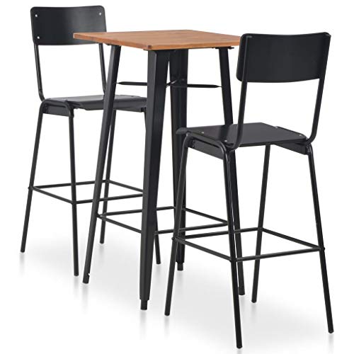 vidaXL Set Mesa Alta + 2 Taburetes Respaldo Cocina Bar Barra 3 Pzas Diseño Industrial Madera Patas Acero Conjunto Muebles Sillas Desayuno Negro Marrón