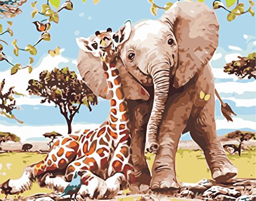 WATAKA Pintura por Números para Adultos y Niños DIY Kits de Pintura al óleo de Lona preimpresos con Marco de Madera para la Decoración De La Casa - Jirafa y Elefante - F 16 * 20 Pulgadas