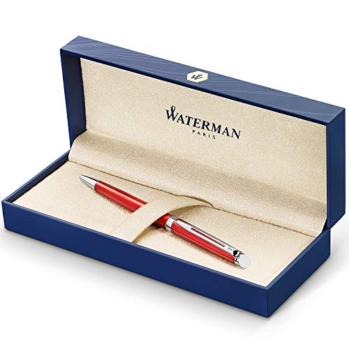 Waterman Hémisphère bolígrafo, lacado en color rojo y acabado cromado, punta mediana con cartucho de tinta azul, estuche de regalo
