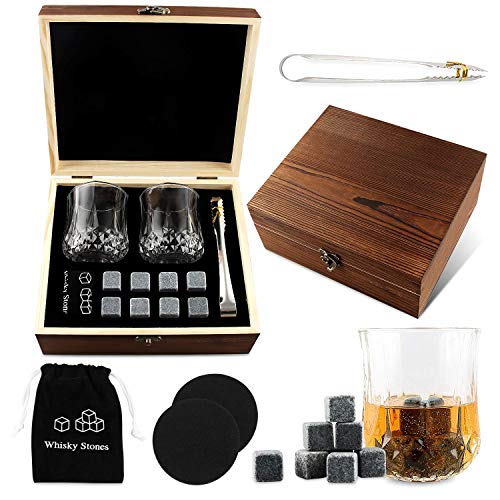 Whisky Piedras, Piedras de Whisky, 8 Piezas de Whisky Piedras, Whisky Rocks Granito, Cubitos de Hielo Reutilizables, Caja de Regalo de Madera de Piedra de Hielo con 2 Vasos de Whisky y Posavasos