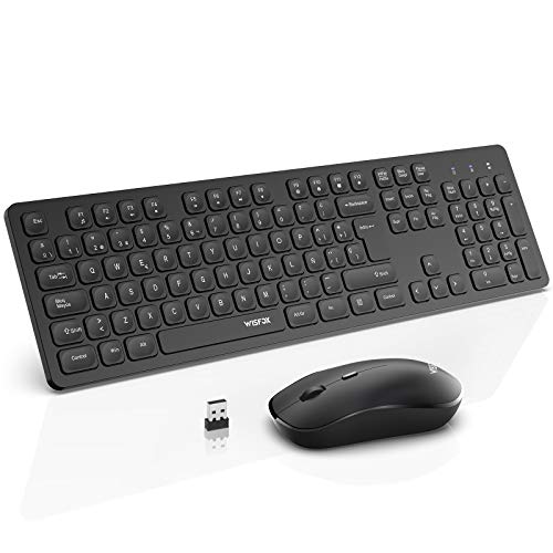 WisFox Teclado y Ratón Inalámbrico, Combo Teclado y Raton Ergonomico Silencioso 2.4GHz con 12 Accesos Directos Multimedia para Windows/Portátil/PC, Disposición QWERTY Español