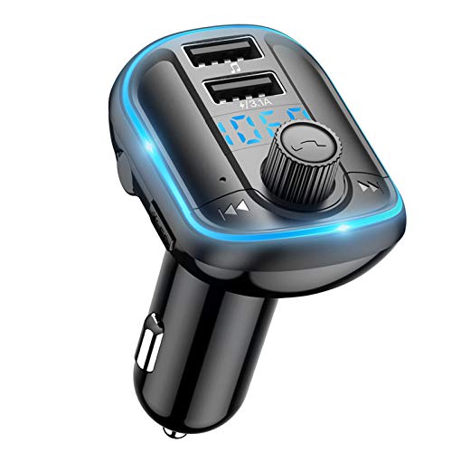 Wodgreat Transmisor FM Bluetooth 5.0 Transmisor de Radio Inalámbrico Manos Libres para Coche, Adaptador Bluetooth Coche Reproductor MP3 con Luz de Anillo Azul, Dual USB, Soporte Tarjetas SD/U Disk