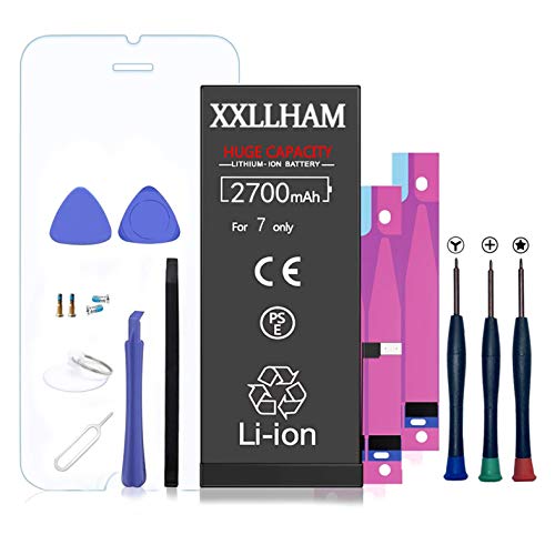 XXLLHAM Batería Interna de Súper Alta Capacidad compatible con iPhone 7 2700mAh con Kits de Herramientas Adhesivas de Hoja de Vidrio Templado Manual