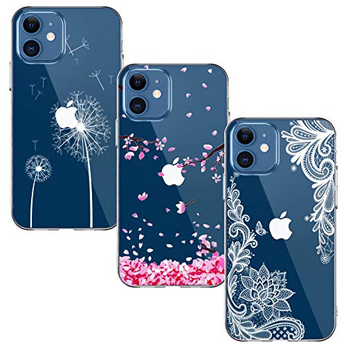 Yoowei [3-Pack] Funda para iPhone 12 Mini 5.4" Transparente con Dibujos Ultra Fino Suave TPU Silicona Protector Carcasa para iPhone 12 Mini (Flor de Cerezo + Flor Blanca + Diente de León)