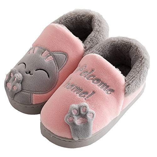 Zapatillas de Estar por Casa para Niño Niña Zapatos Pantuflas Invierno Mujer Hombre Interior Caliente Peluche Forradas Slippers, Gato Pink, 36/37 EU