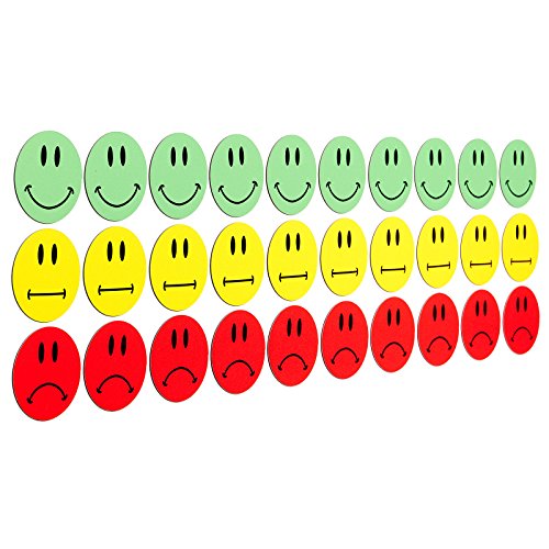 30 imanes de colores (10 Smileys sonrientes verdes/10 sonrisas amarillas neutrales / 10 sonrisas rojas) / Diámetro de 3 cm / Por ejemplo, para consultas de formación, trabajos de proyectos, enseñanza.