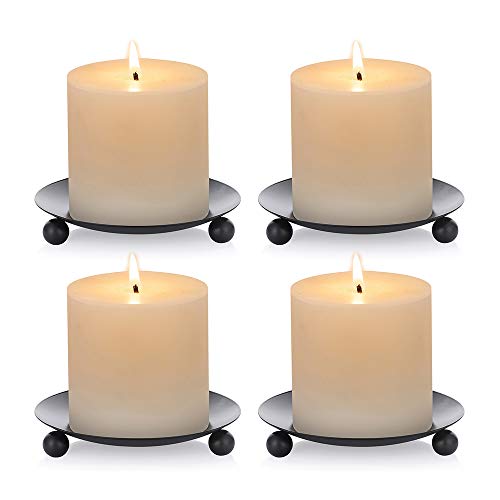 4 Unids Portavelas de Pilar con Placa de Vela de Hierro, Negro, Plato Vela con Pilar Hierro Decorativo, Soporte de Vela Pedestal 11cm Diámetro para LED y Velas de Cera, Conos de Incienso, SPA, Bodas