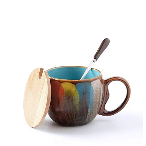 A-myt Chic y Exquisito Taza de café de cerámica de la Taza de café Motley de 350 ml con la Cucharada de la Tapa de Madera Copa Sanitaria de la Bebida (Color : Blue, Size : 350ml)