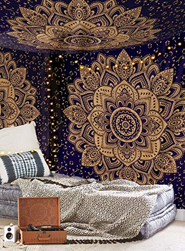 Aakriti Gallery Tapestry Queen Ombre Gift Hippie Tapestries Mandala Bohemian Psychedelic Intricate Indian Bedspread 92x82 Inches (Blue Golden)